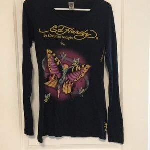 Ed Hardy long sleeve shirt in Black with butterflies